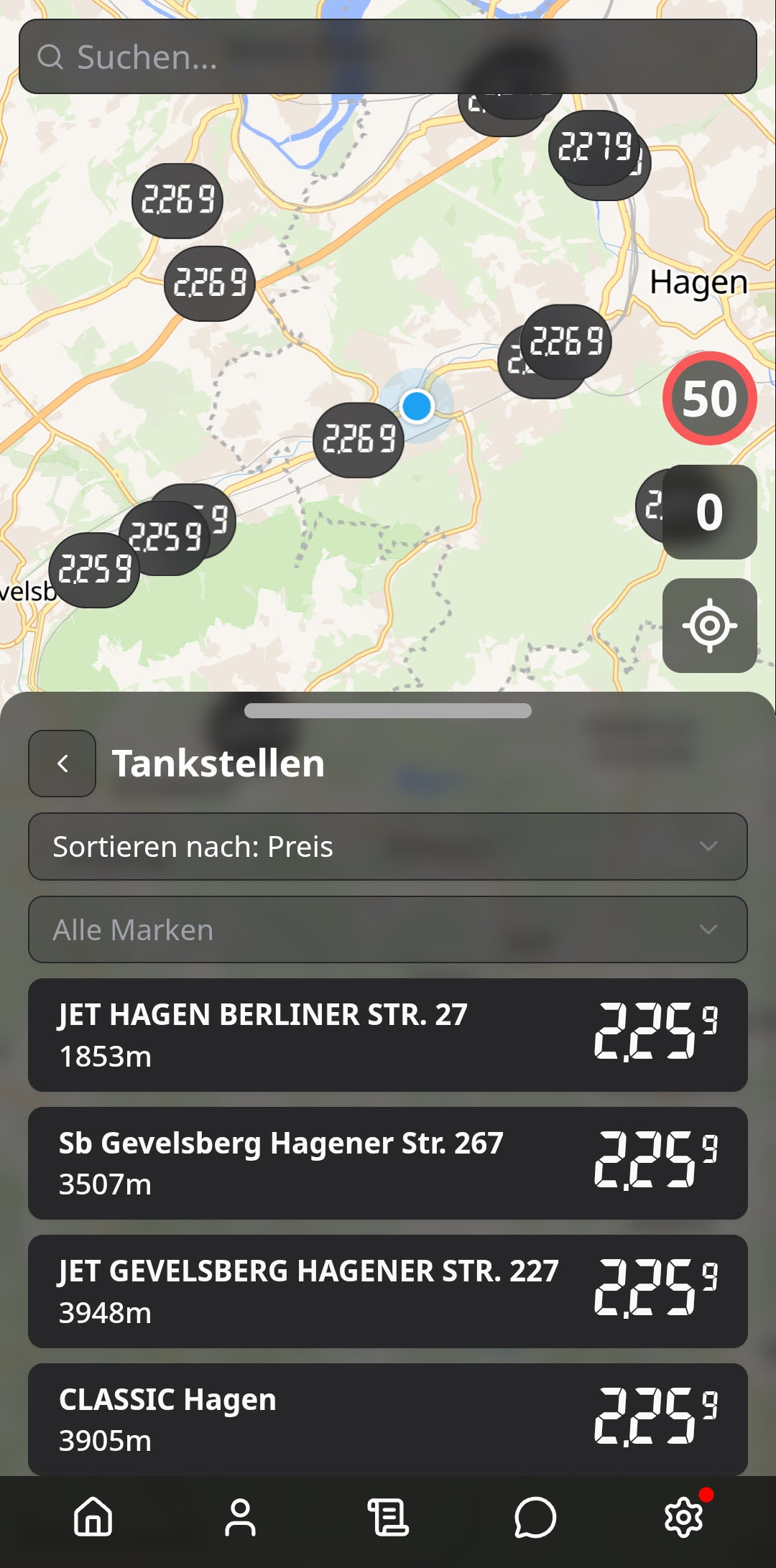 Tankstellenpreise in der App